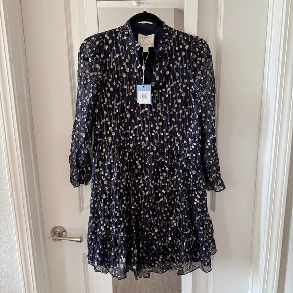 NEW Sail to Sable Navy Clip Dot Silk Dress Size: S Color: Navy and Gold Metallic - Picture 1 of 4
